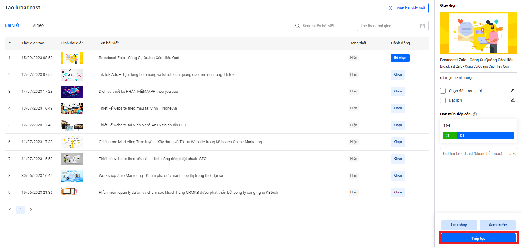 hoàn tất gửi broadcast