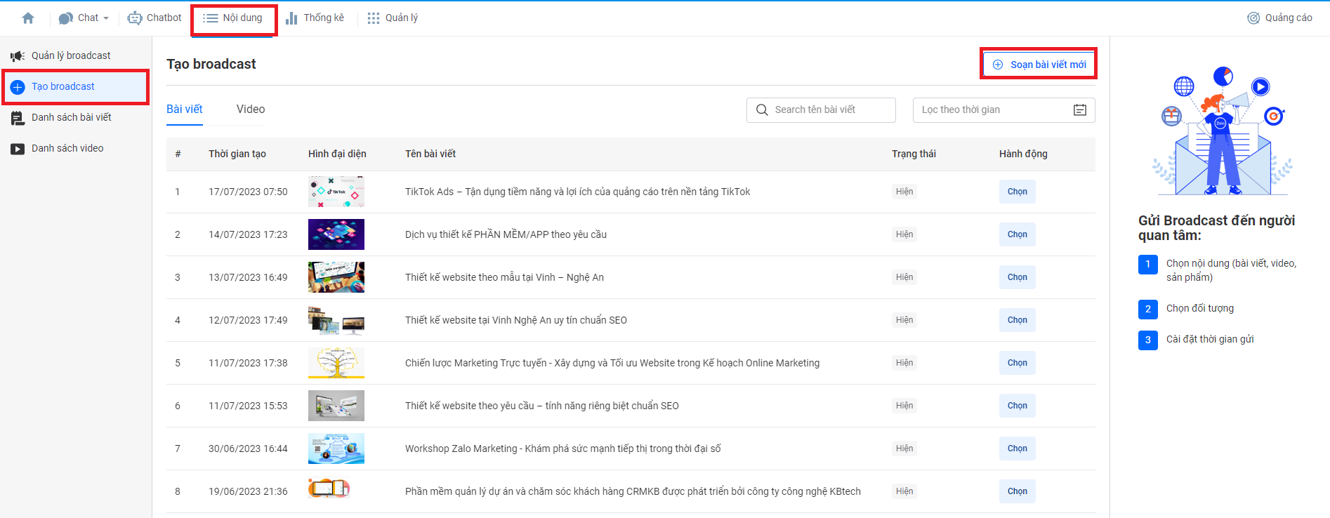 Chọn mục để viết bài broadcast
