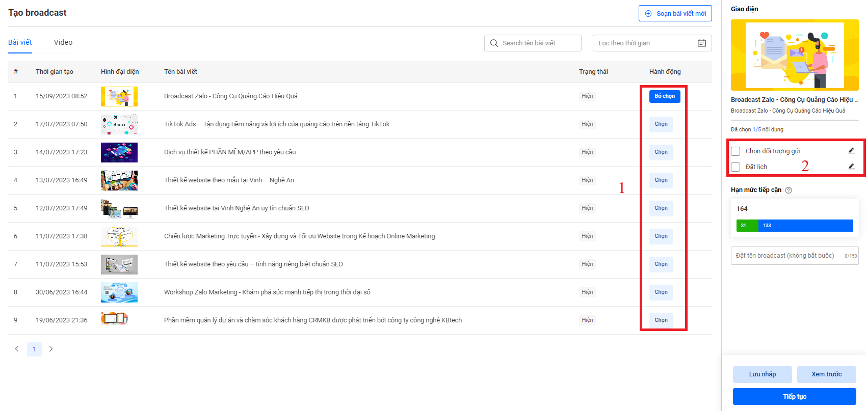 Thiết lập đối tượng gửi và đặt lịch gửi broadcast